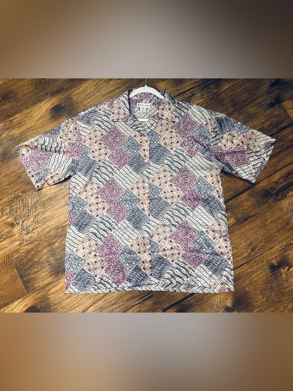 Bogari 100% Silk Shirt Men’s Patchwork Print Short Sleeve Button Front Retro LGE